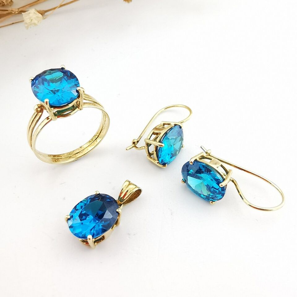 14 Ayar Kristal Blue Topaz El Yapımı Altın Üçlü Takım