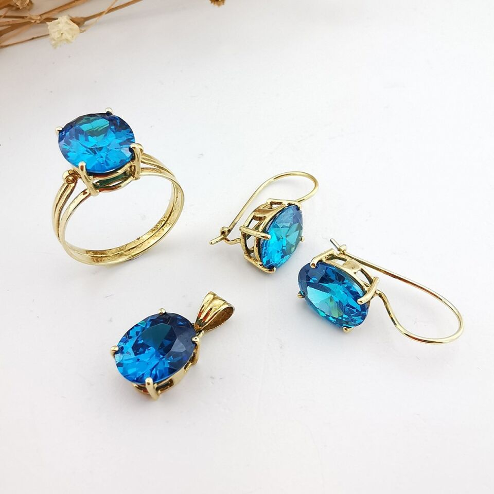 14 Ayar Kristal Blue Topaz El Yapımı Altın Üçlü Takım
