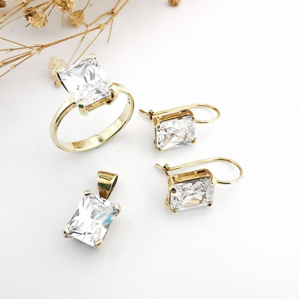 14 Ayar El Yapımı Baget Star Cut Kesim Taşlı Altın Takım