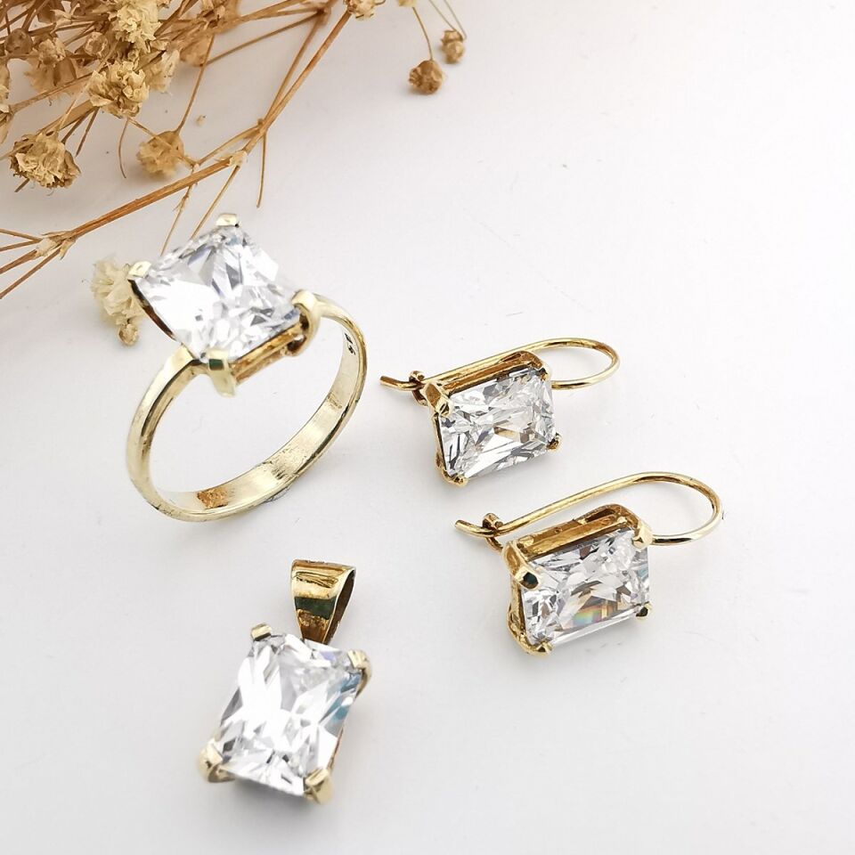 14 Ayar El Yapımı Baget Star Cut Kesim Taşlı Altın Takım