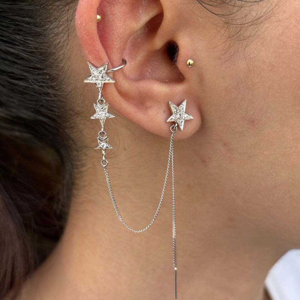 14 AYAR ÖZEL ÜRETİM BEYAZ ALTIN TAŞLI YILDIZ ALTIN KÜPE