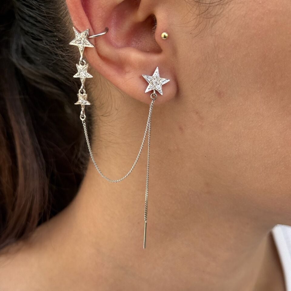 14 AYAR ÖZEL ÜRETİM BEYAZ ALTIN TAŞLI YILDIZ ALTIN KÜPE