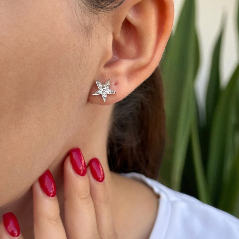 14 AYAR ÖZEL ÜRETİM BEYAZ ALTIN TAŞLI YILDIZ ALTIN KÜPE