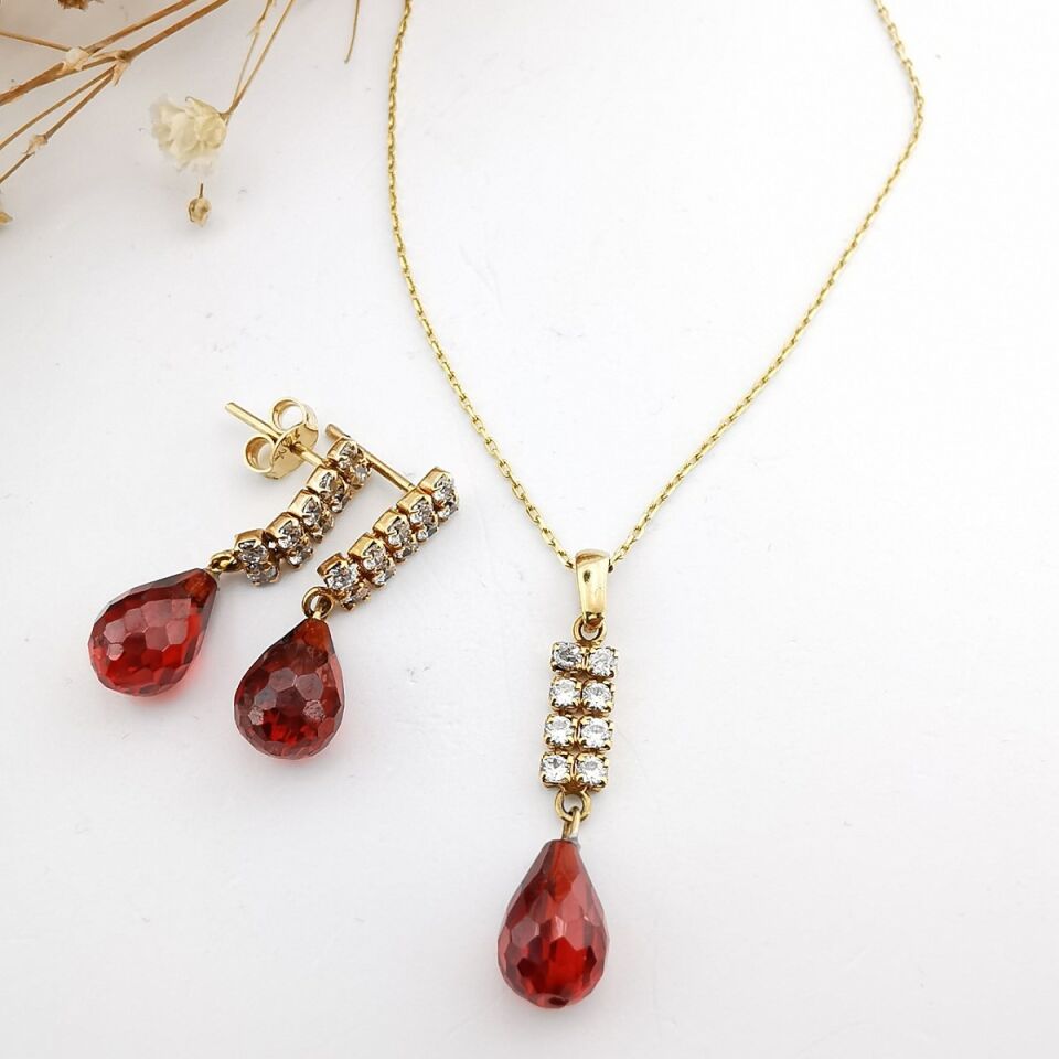 14 Ayar Kırmızı Drop Taşlı El Yapımı Altın Takım