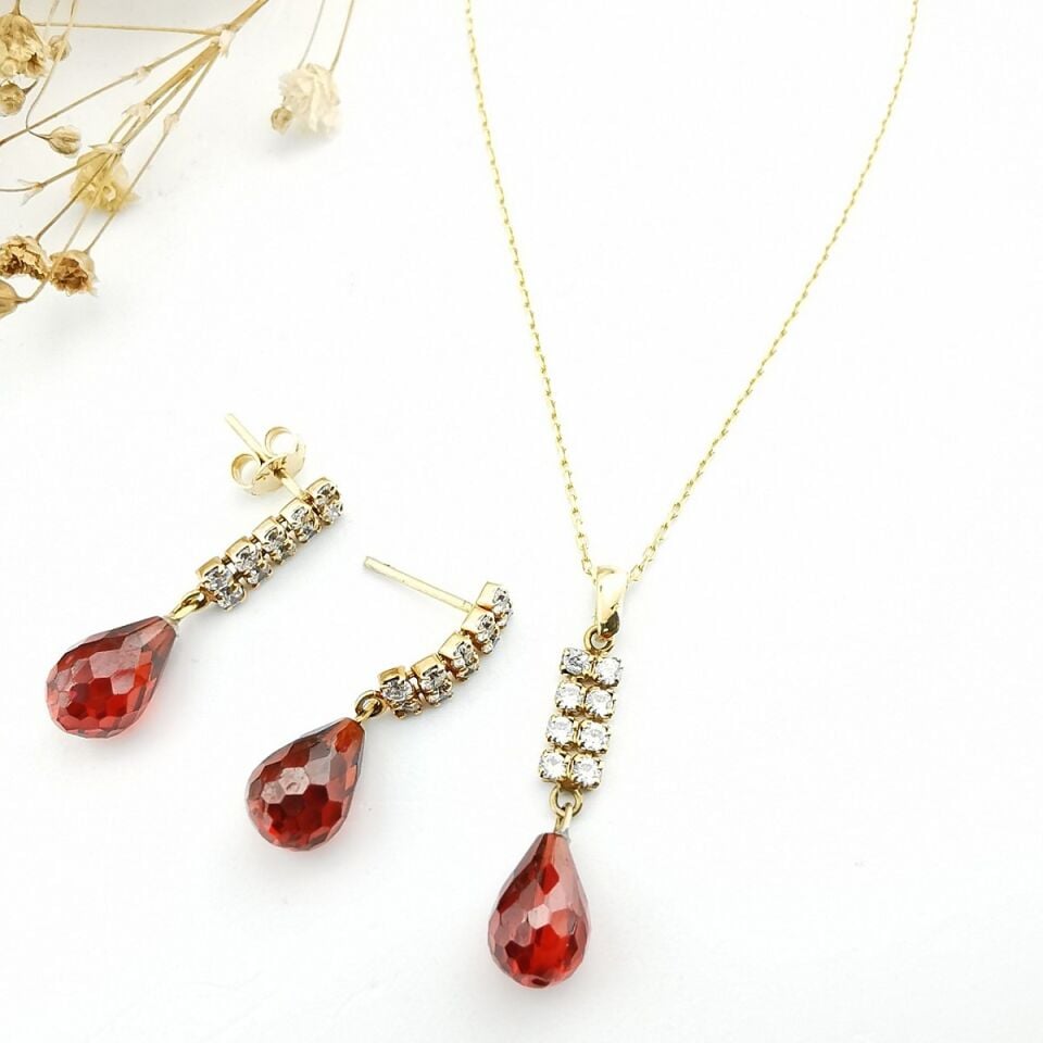 14 Ayar Kırmızı Drop Taşlı El Yapımı Altın Takım