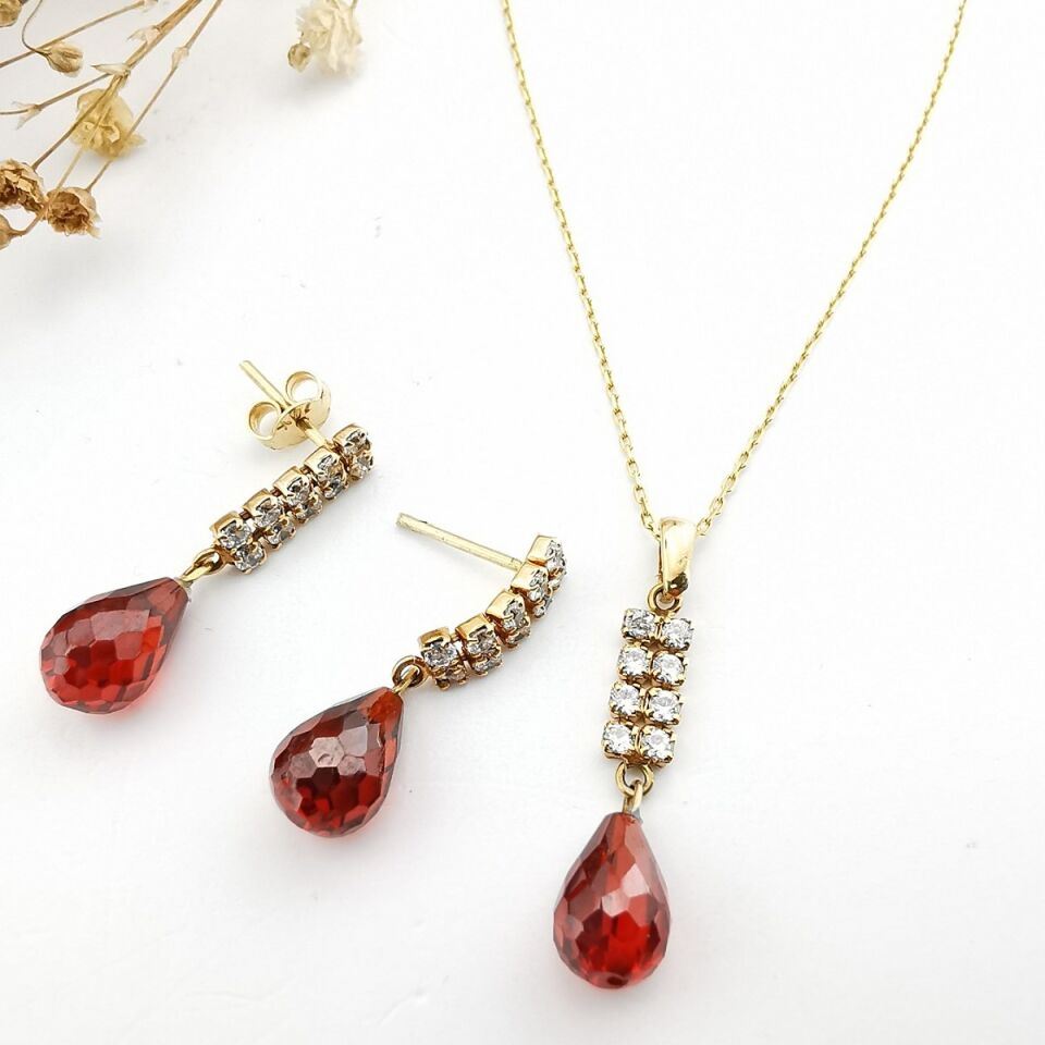 14 Ayar Kırmızı Drop Taşlı El Yapımı Altın Takım