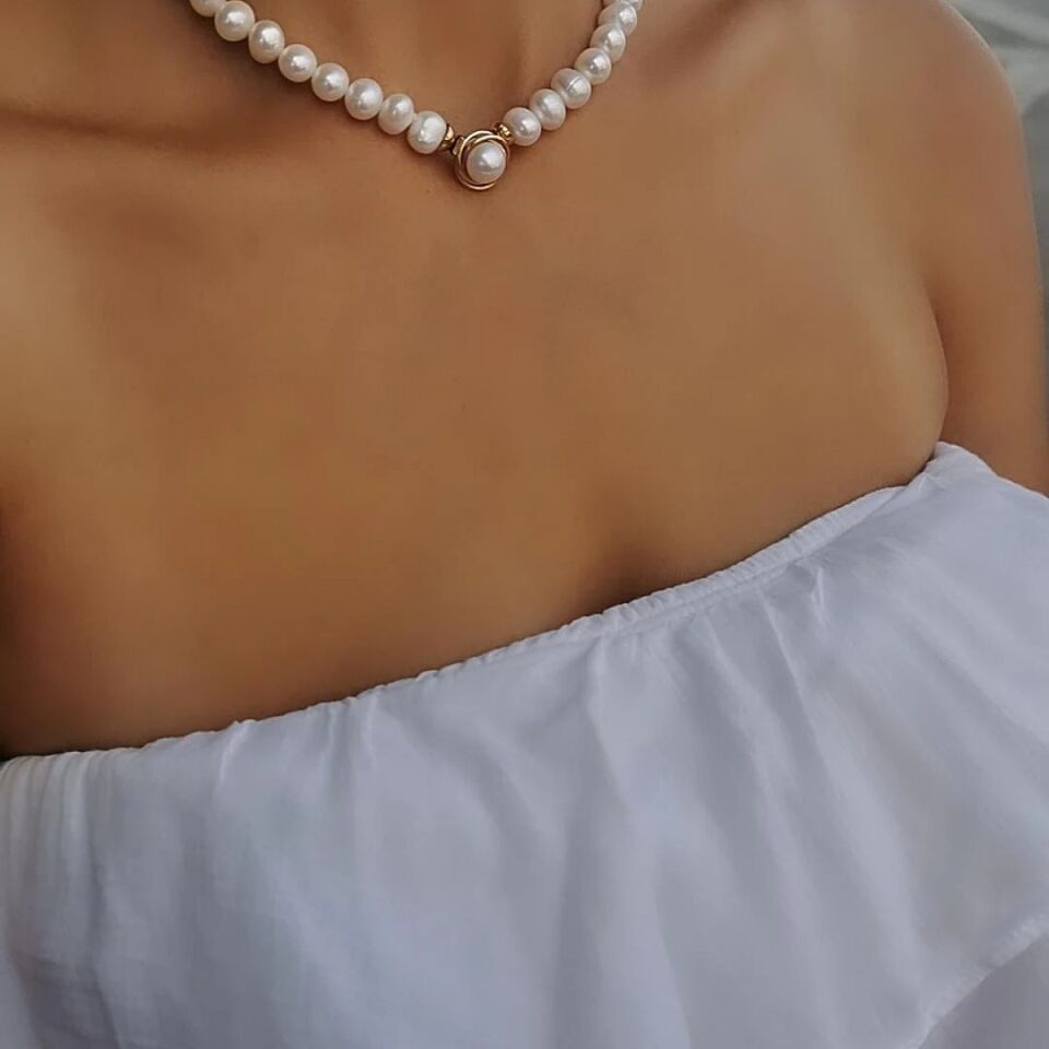 14 AYAR ALTIN KLİPSLİ İNCİLİ TASARIM KOLYE