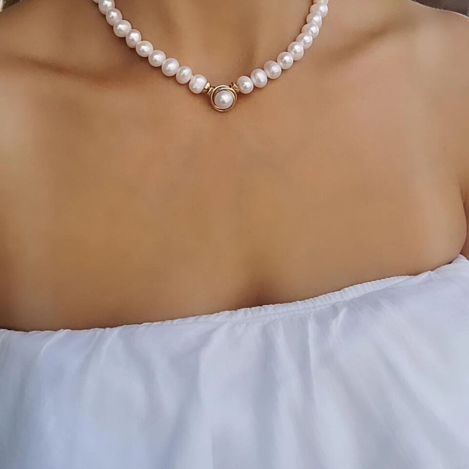 14 AYAR ALTIN KLİPSLİ İNCİLİ TASARIM KOLYE