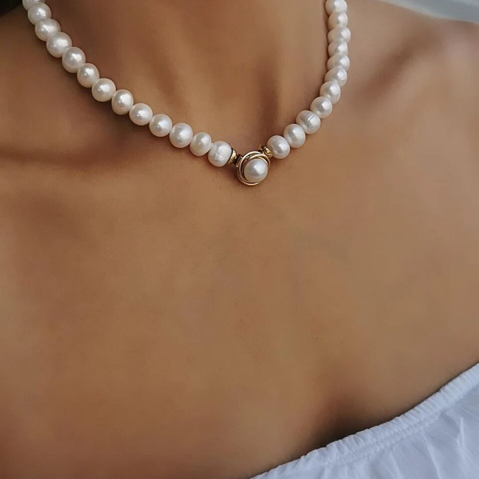 14 AYAR ALTIN KLİPSLİ İNCİLİ TASARIM KOLYE