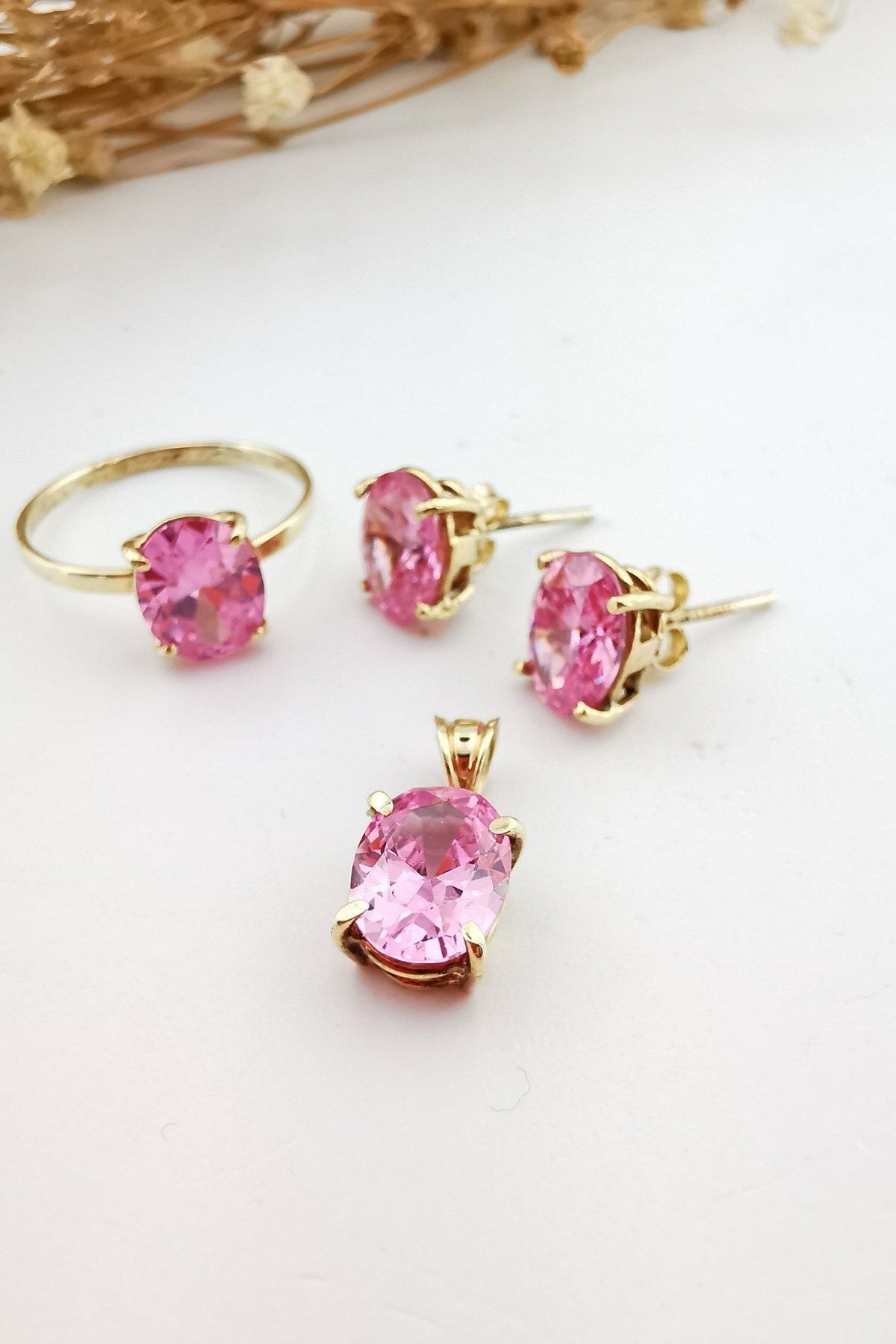 14 Ayar El Yapımı Pink Kuvars Taşlı Altın Takım