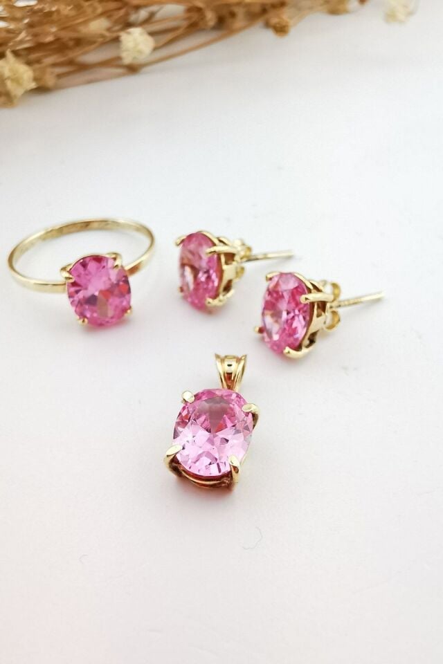 14 Ayar El Yapımı Pink Kuvars Taşlı Altın Takım