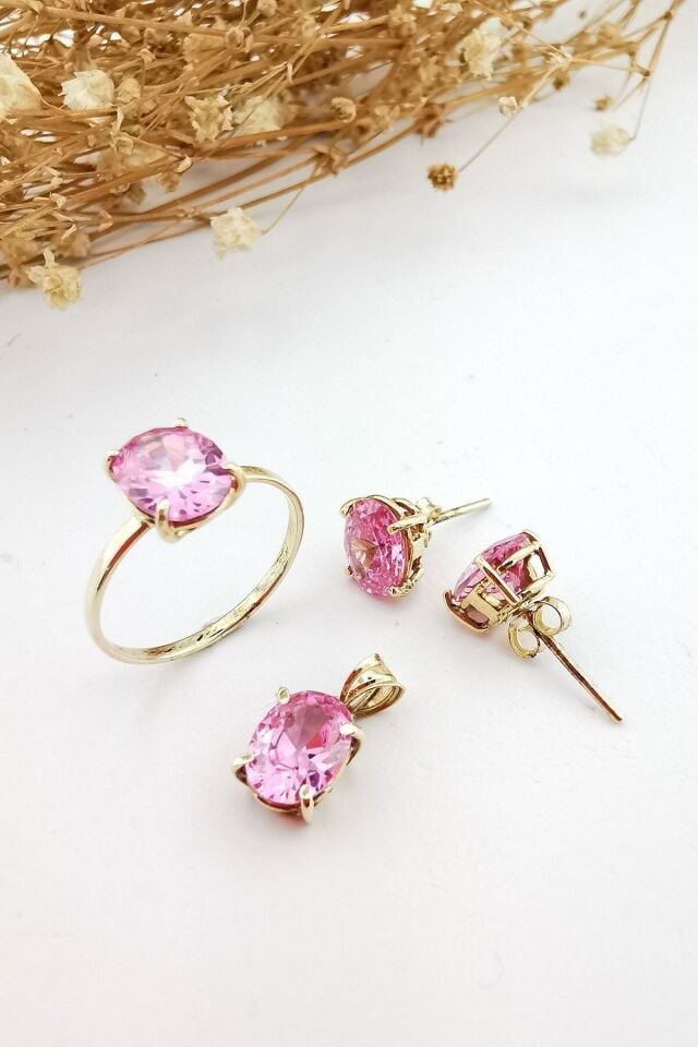 14 Ayar El Yapımı Pink Kuvars Taşlı Altın Takım