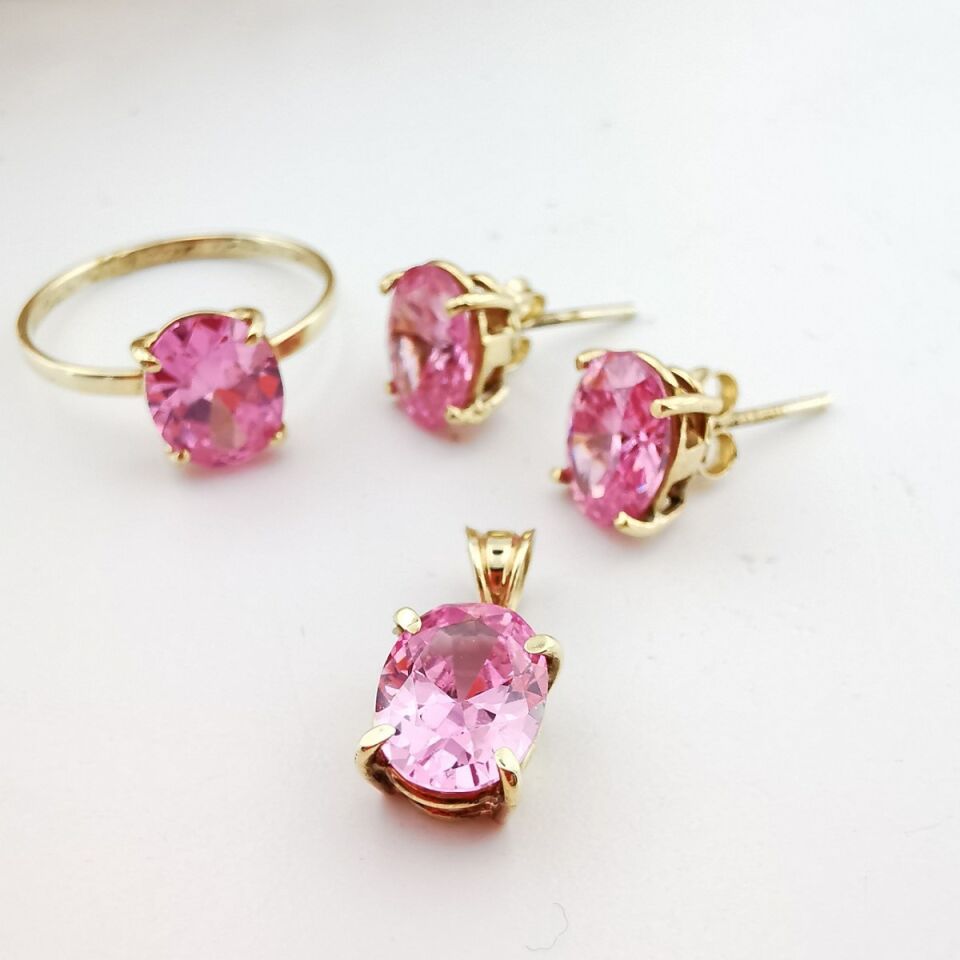 14 Ayar El Yapımı Pink Kuvars Taşlı Altın Takım