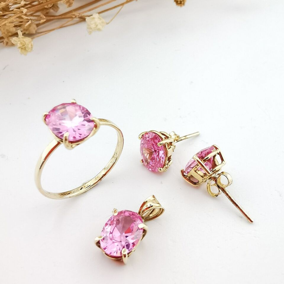 14 Ayar El Yapımı Pink Kuvars Taşlı Altın Takım