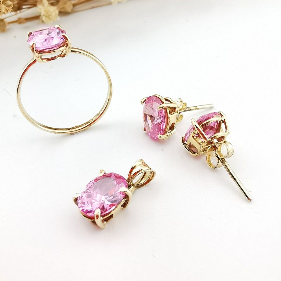 14 Ayar El Yapımı Pink Kuvars Taşlı Altın Takım