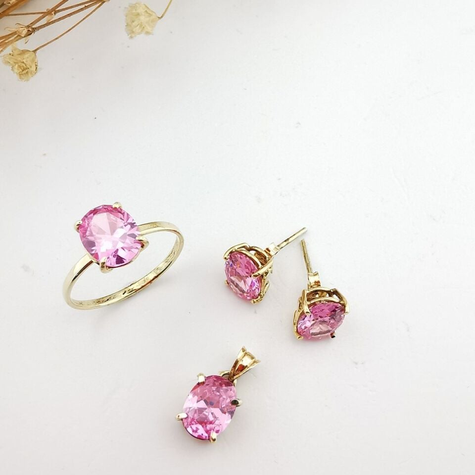 14 Ayar El Yapımı Pink Kuvars Taşlı Altın Takım