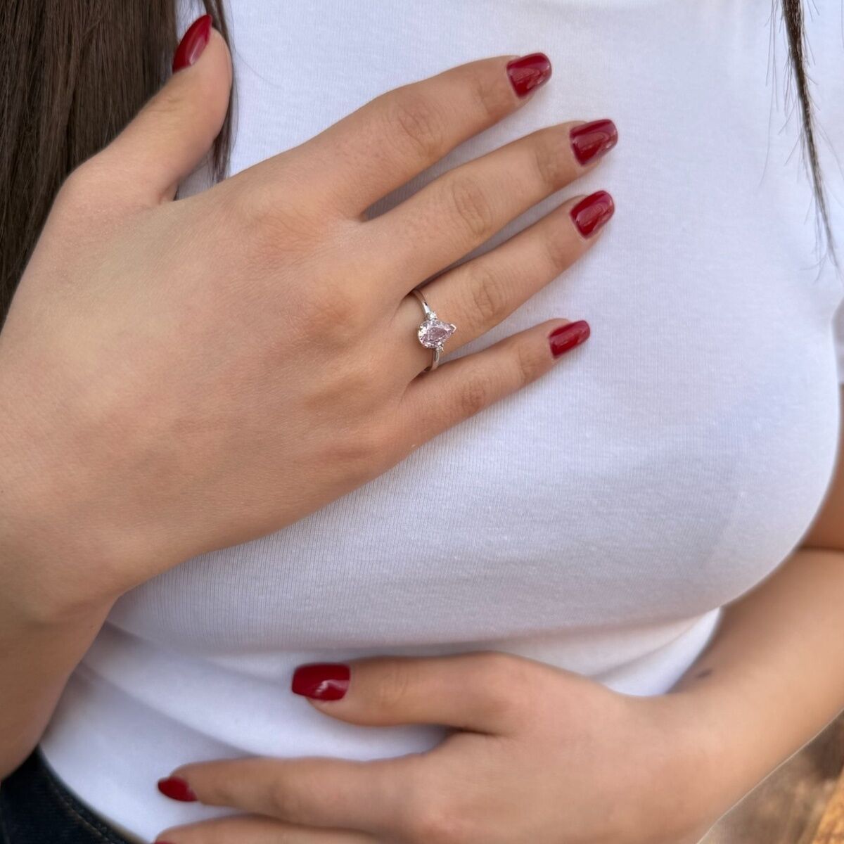 14 AYAR 2,46 CT  PİNK KUVARS TAŞLI VE 0,04 CT PIRLANTA TAŞLI BEYAZ ALTIN YÜZÜK