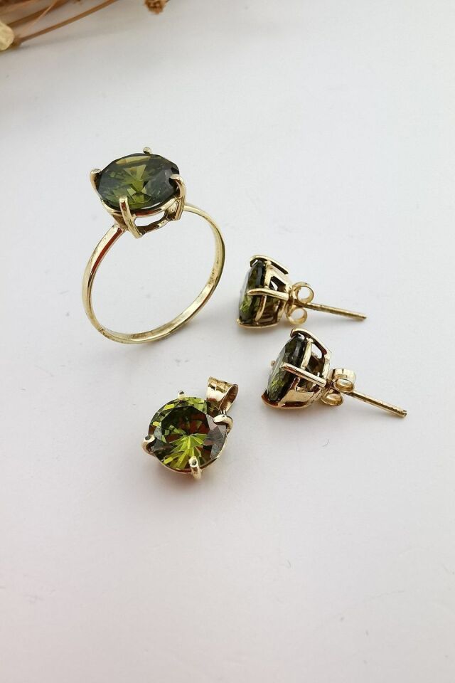 14 Ayar Peridot Taşlı El Yapımı Yuvarlak Altın Takım