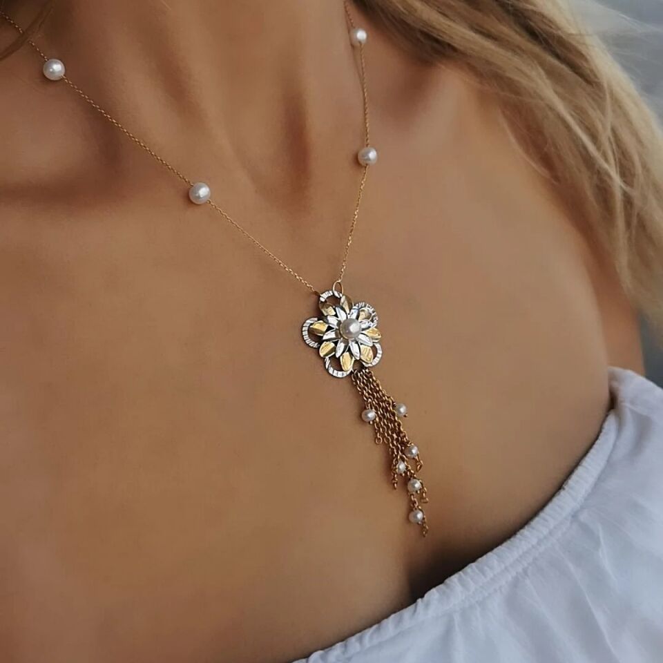 14 AYAR ÖZEL ÇİÇEK TASARIM İNCİLİ ALTIN KOLYE