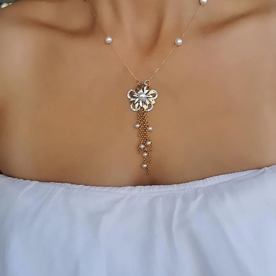 14 AYAR ÖZEL ÇİÇEK TASARIM İNCİLİ ALTIN KOLYE