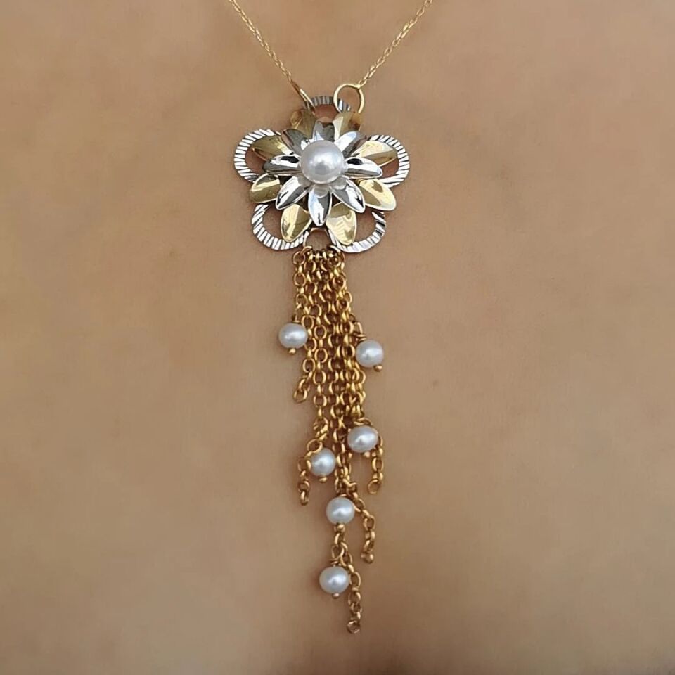 14 AYAR ÖZEL ÇİÇEK TASARIM İNCİLİ ALTIN KOLYE