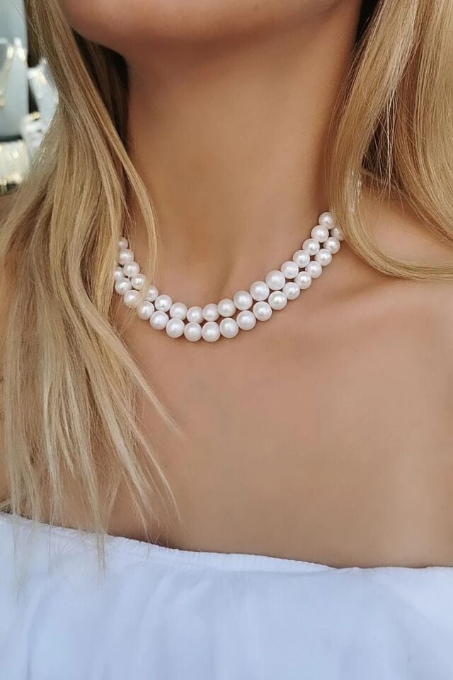 14 AYAR ÇİFT SIRA İNCİ KOLYE