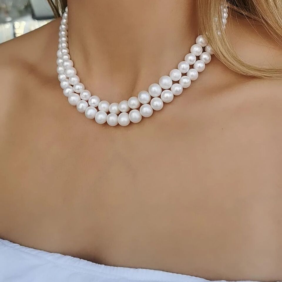 14 AYAR ÇİFT SIRA İNCİ KOLYE