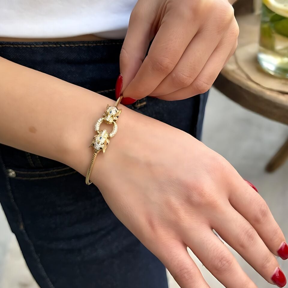 14 Ayar Çift Başlı Panter Tasarım Italyan Bilezik