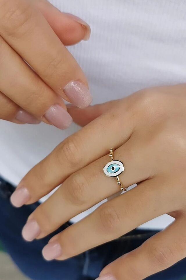 14 AYAR OVAL BEYAZ NAZAR MİNELİ ALTIN YÜZÜK