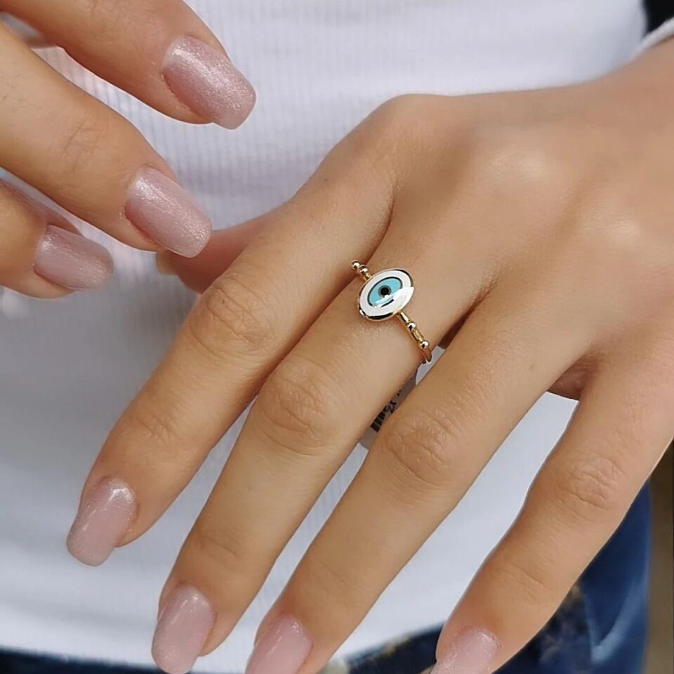 14 AYAR OVAL BEYAZ NAZAR MİNELİ ALTIN YÜZÜK