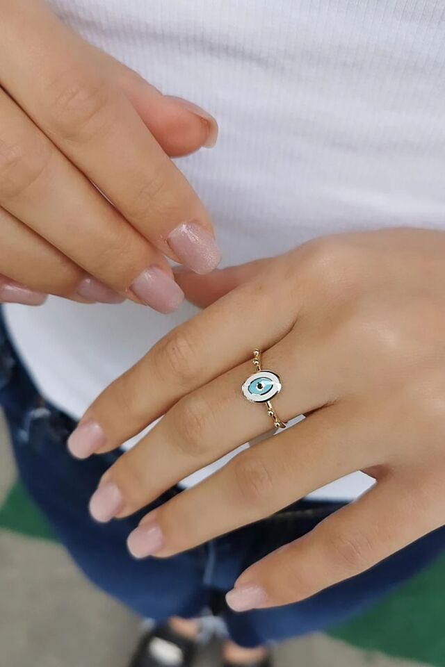 14 AYAR OVAL BEYAZ NAZAR MİNELİ ALTIN YÜZÜK 15