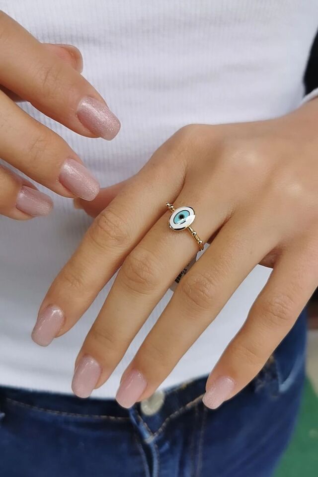 14 AYAR OVAL BEYAZ NAZAR MİNELİ ALTIN YÜZÜK 15
