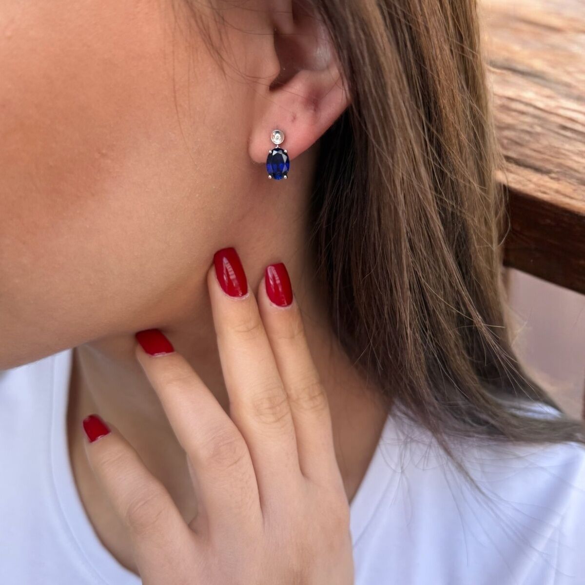 14 AYAR 3,01 CT SAFİR VE 0,04 CT PIRLANTA TAŞLI BEYAZ ALTIN KÜPE