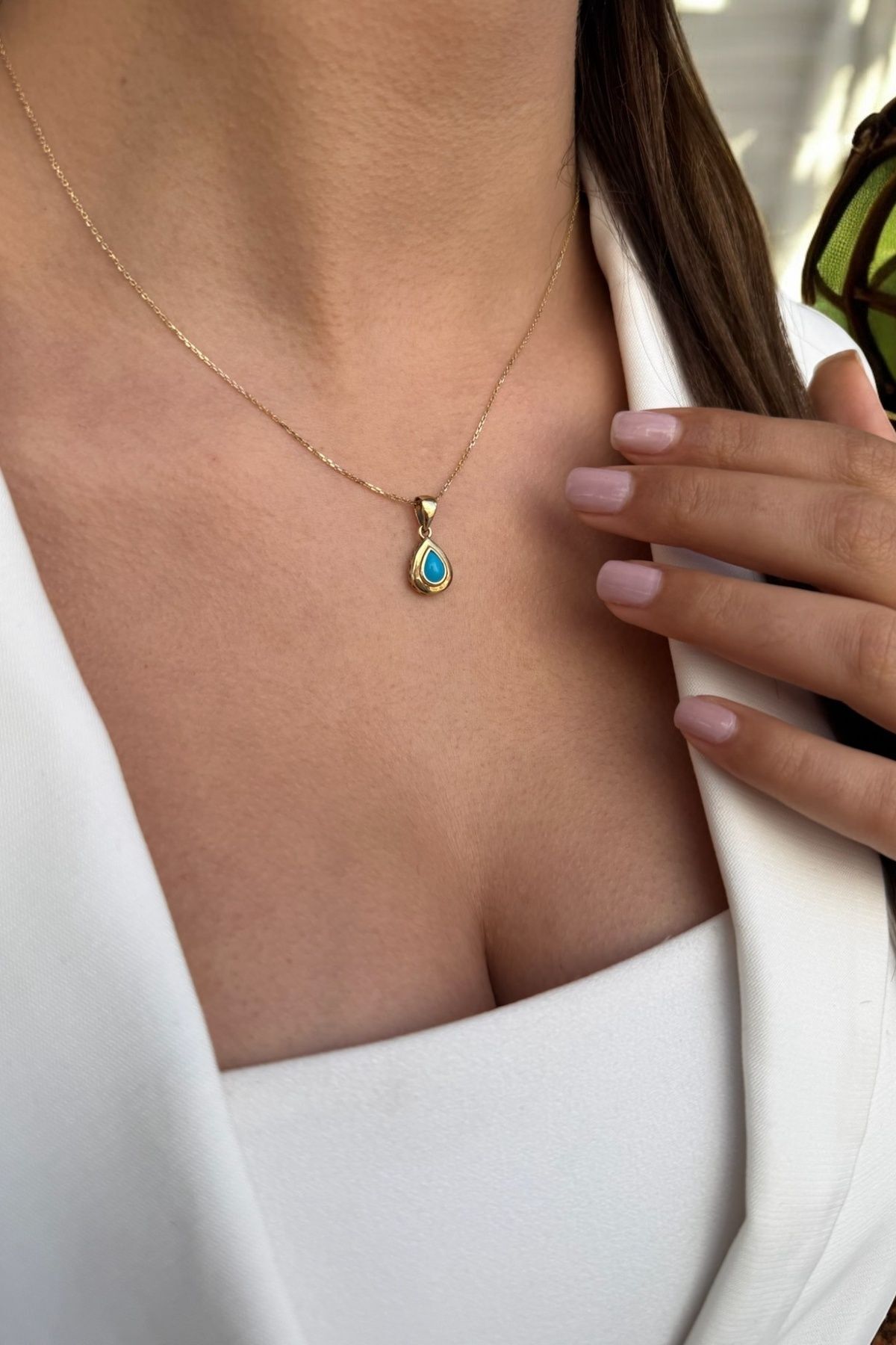 14 AYAR DAMLA FİRUZE TAŞLI ALTIN KOLYE