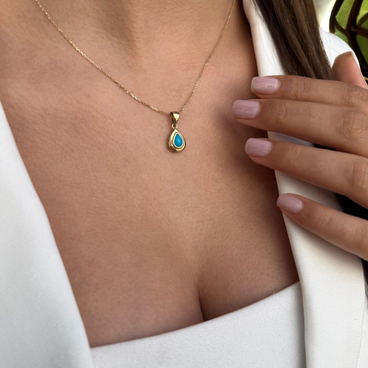 14 AYAR DAMLA FİRUZE TAŞLI ALTIN KOLYE