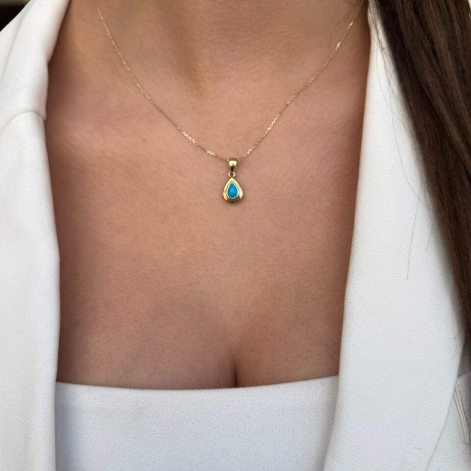 14 AYAR DAMLA FİRUZE TAŞLI ALTIN KOLYE