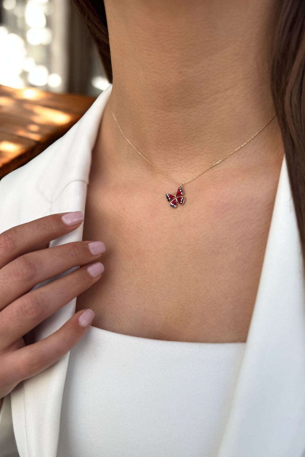 14 AYAR KIRMIZI MİNELİ KELEBEK ALTIN KOLYE