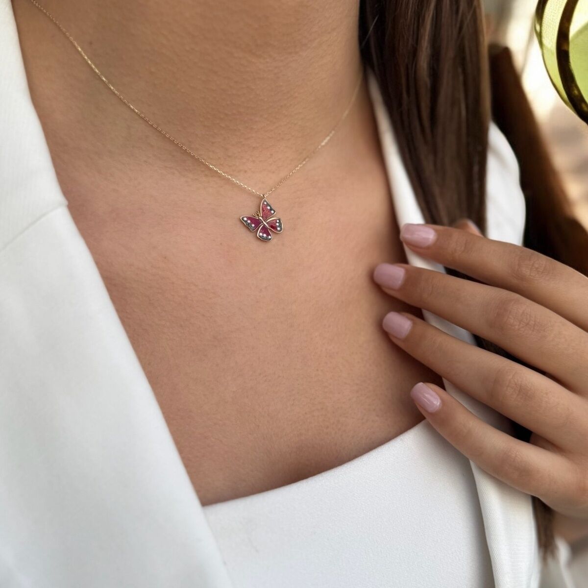 14 AYAR KIRMIZI MİNELİ KELEBEK ALTIN KOLYE