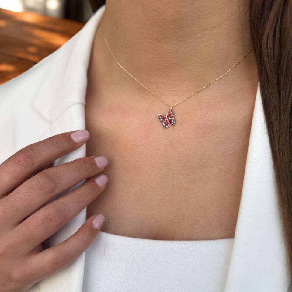 14 AYAR KIRMIZI MİNELİ KELEBEK ALTIN KOLYE