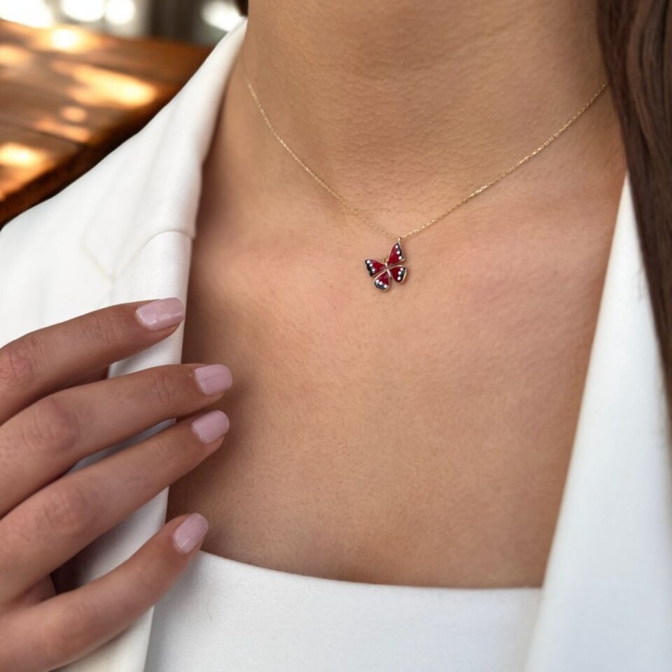 14 AYAR KIRMIZI MİNELİ KELEBEK ALTIN KOLYE