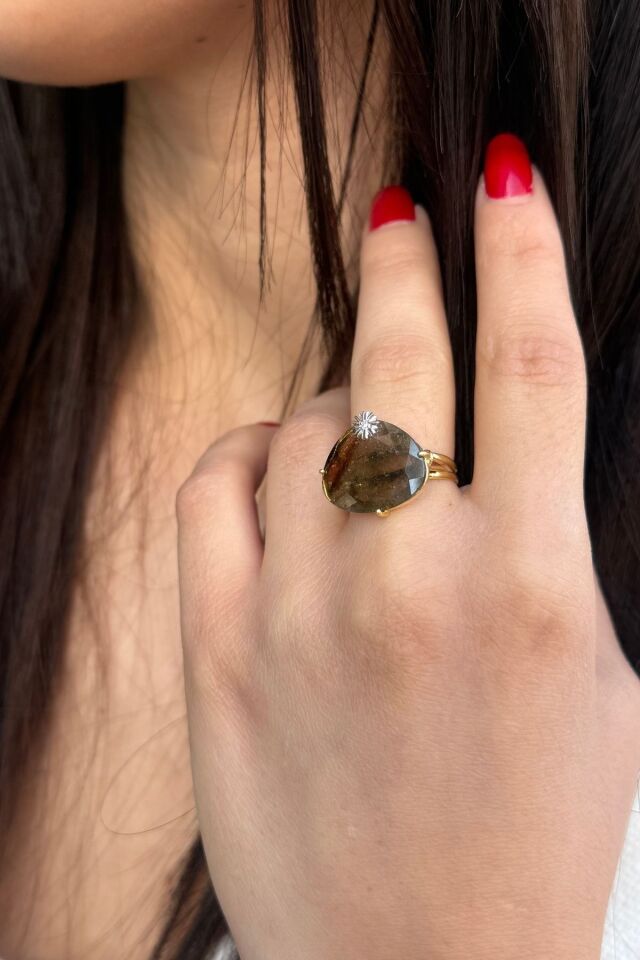 14 AYAR ÖZEL TASARIM DOĞAL TURMALİN TAŞLI PIRLANTALI TASARIM YÜZÜK 18