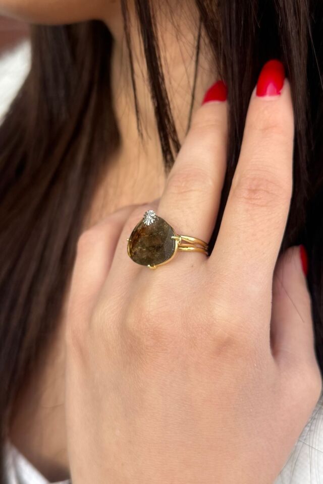 14 AYAR ÖZEL TASARIM DOĞAL TURMALİN TAŞLI PIRLANTALI TASARIM YÜZÜK 18