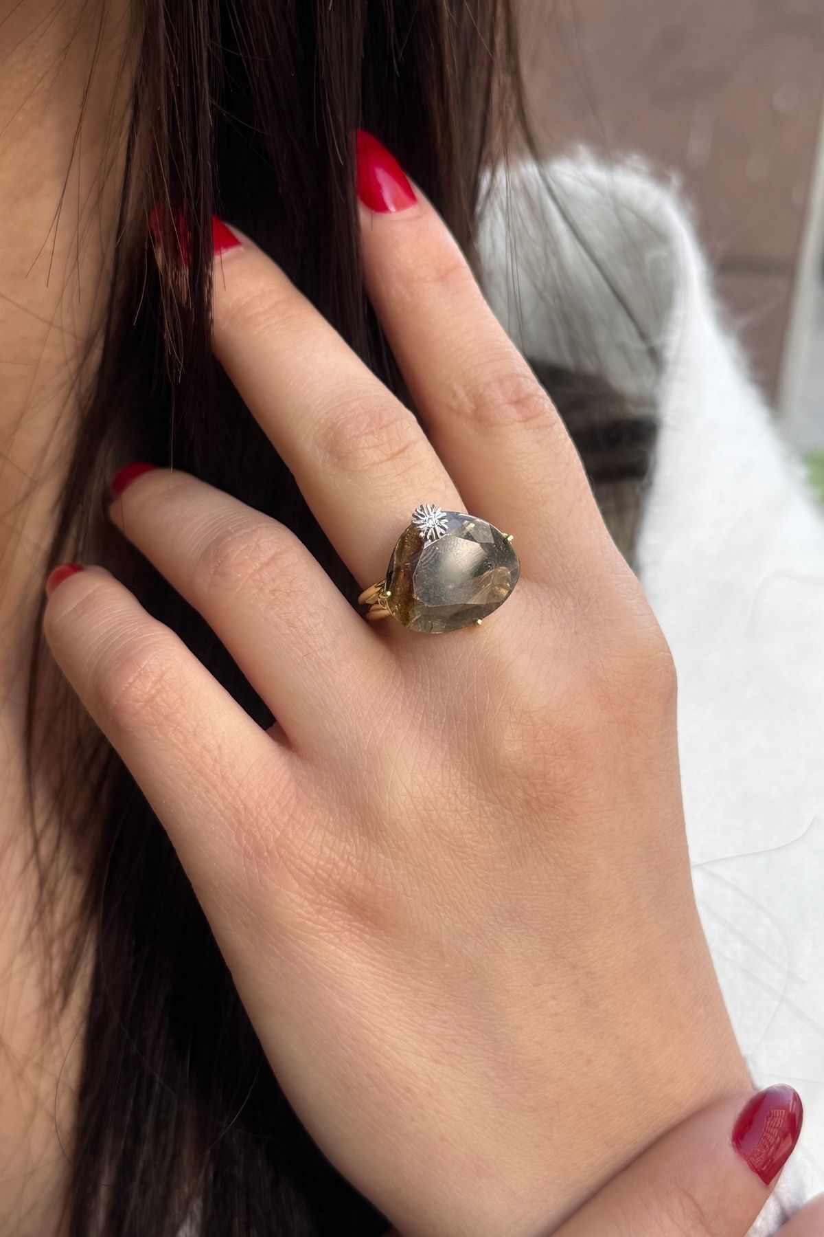 14 AYAR ÖZEL TASARIM DOĞAL TURMALİN TAŞLI PIRLANTALI TASARIM YÜZÜK 17