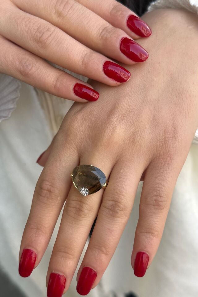 14 AYAR ÖZEL TASARIM DOĞAL TURMALİN TAŞLI PIRLANTALI TASARIM YÜZÜK 17