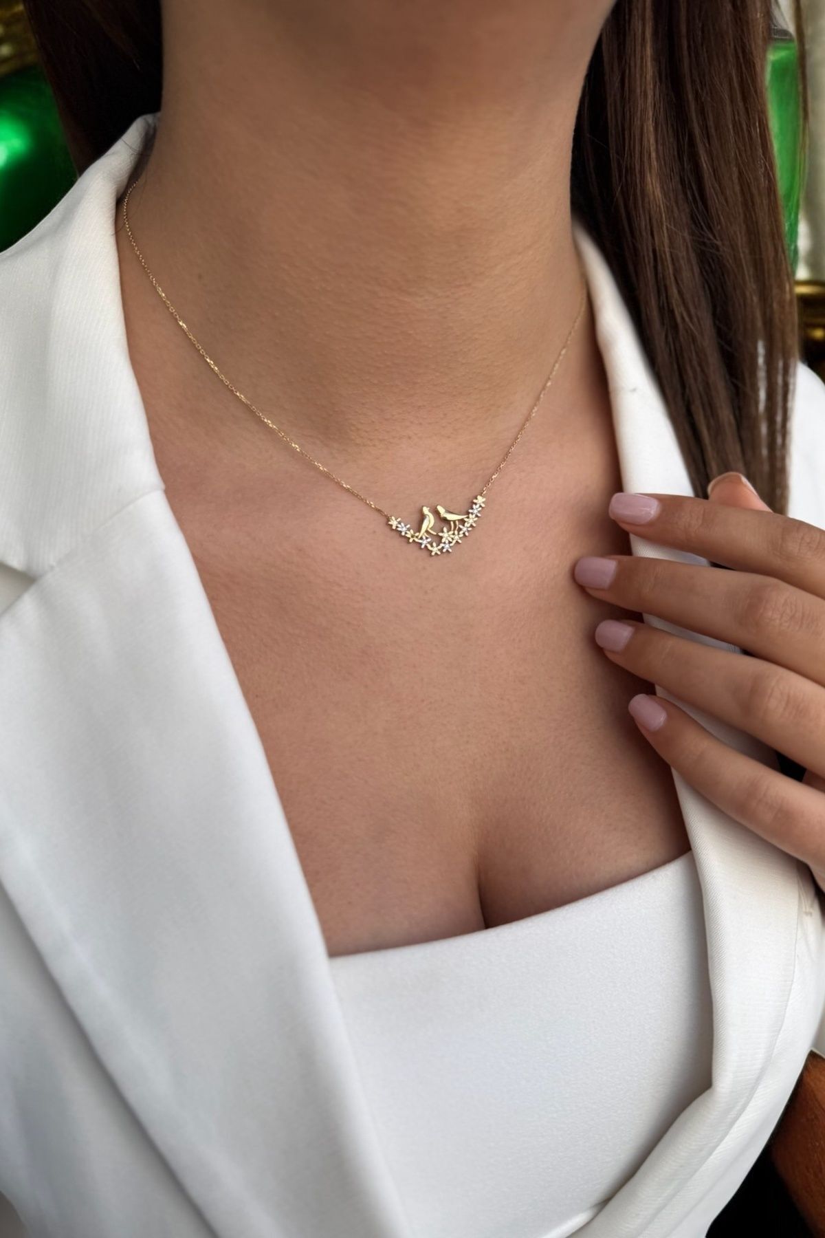 14 Ayar Çi̇çek Dalında Kumrular Kolye