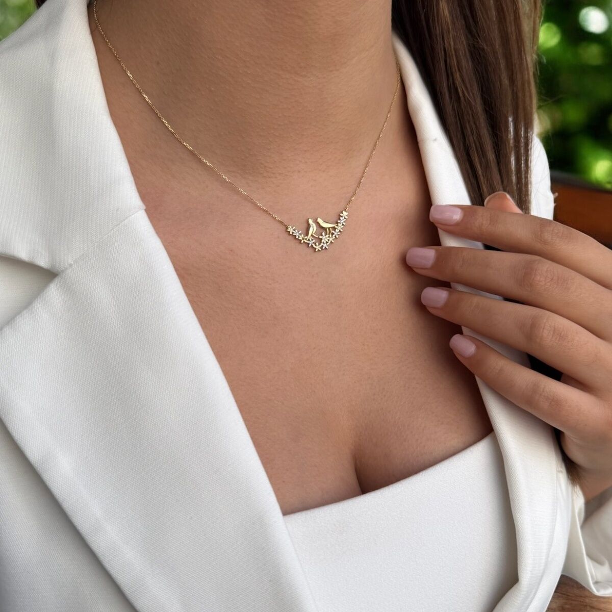 14 Ayar Çi̇çek Dalında Kumrular Kolye