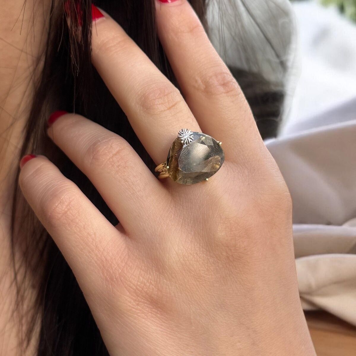 14 AYAR ÖZEL TASARIM DOĞAL TURMALİN TAŞLI PIRLANTALI TASARIM YÜZÜK