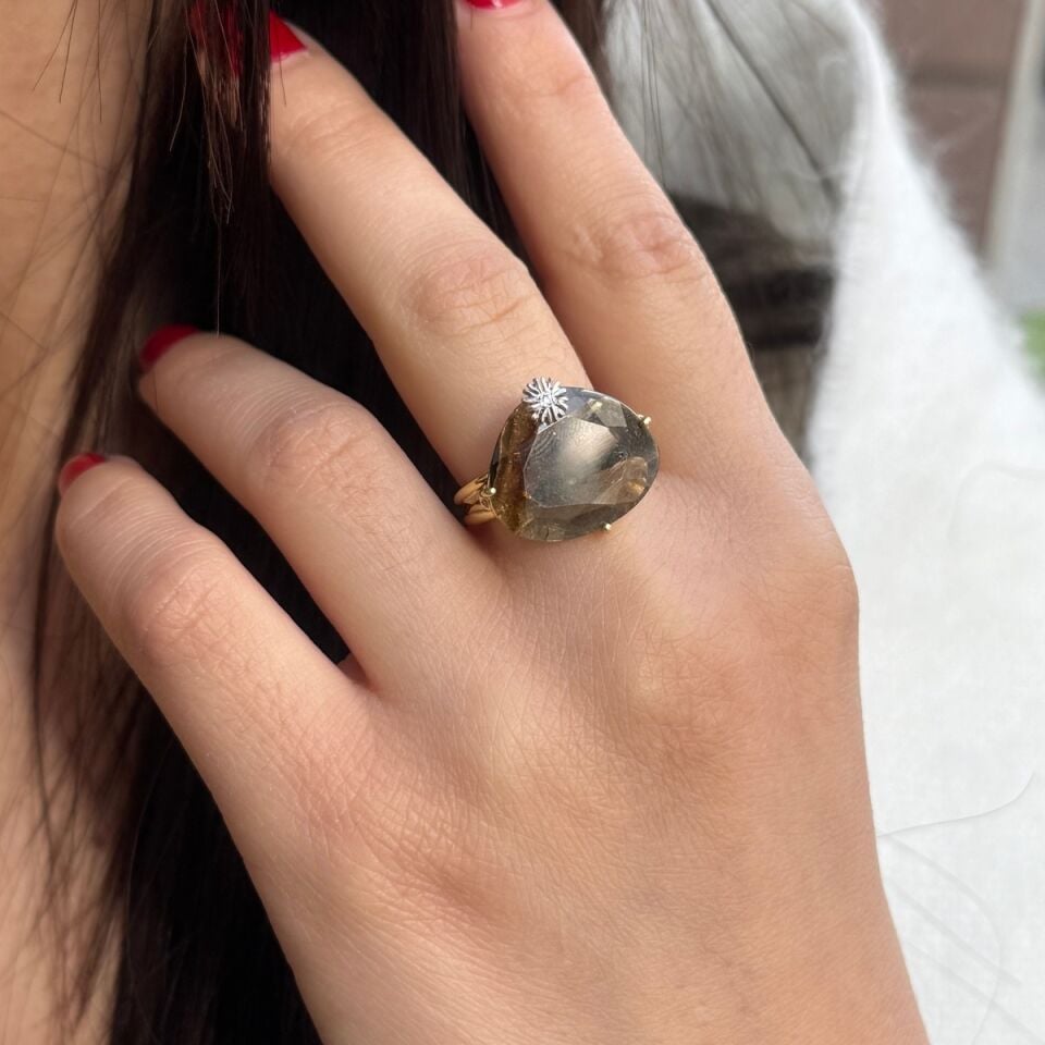 14 AYAR ÖZEL TASARIM DOĞAL TURMALİN TAŞLI PIRLANTALI TASARIM YÜZÜK