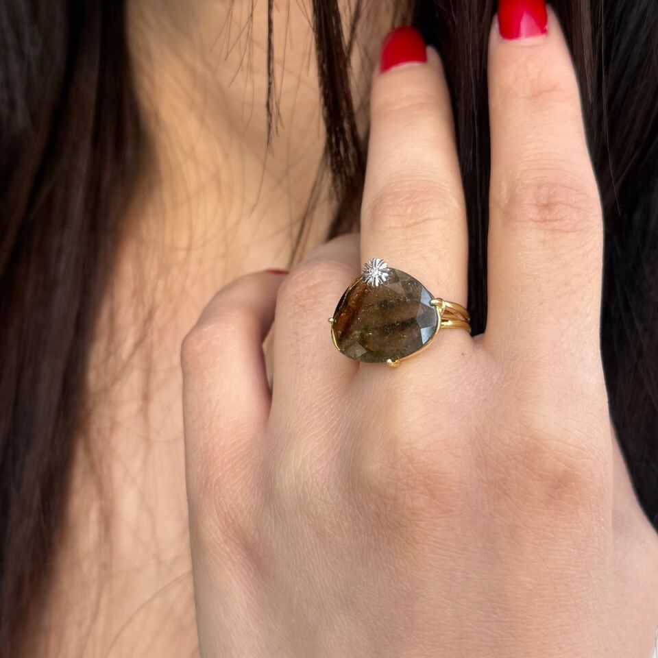 14 AYAR ÖZEL TASARIM DOĞAL TURMALİN TAŞLI PIRLANTALI TASARIM YÜZÜK