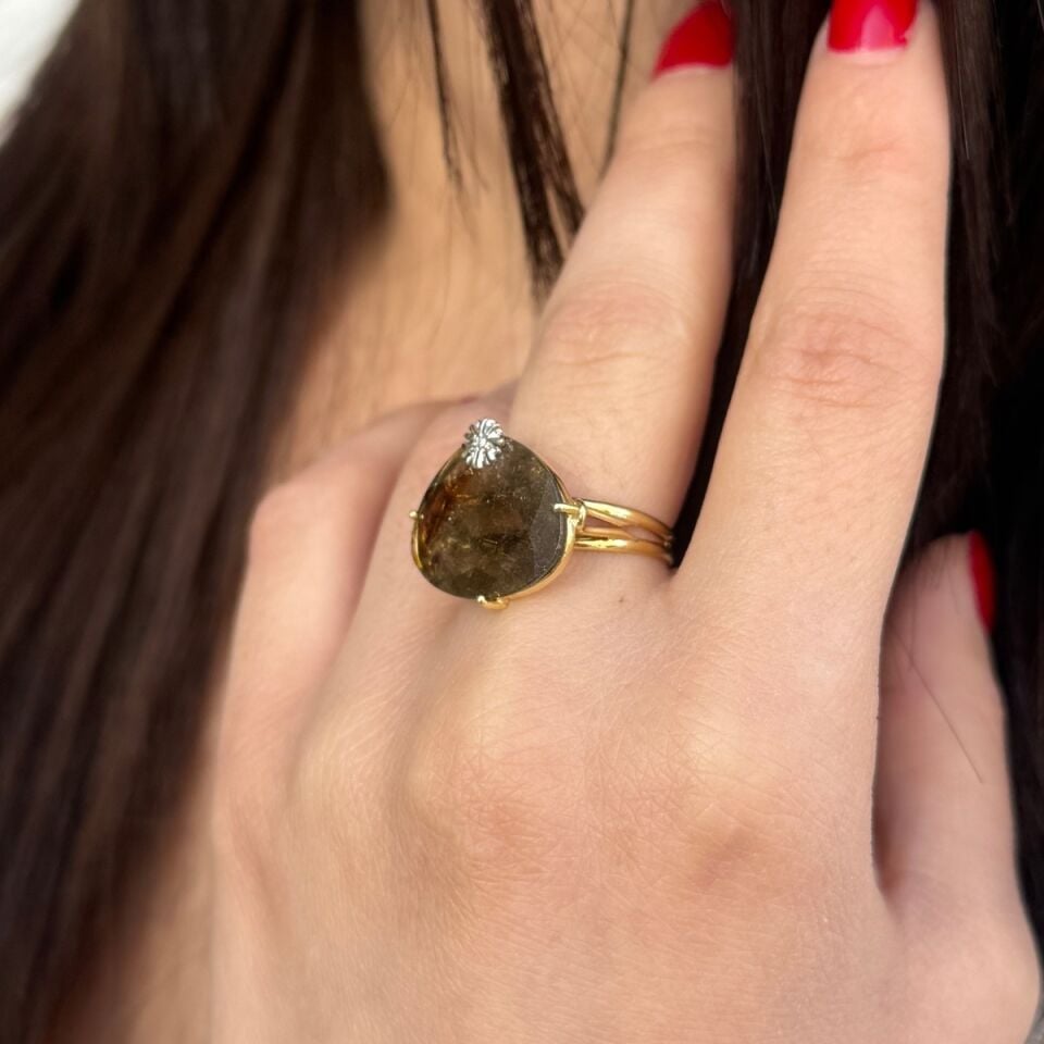 14 AYAR ÖZEL TASARIM DOĞAL TURMALİN TAŞLI PIRLANTALI TASARIM YÜZÜK